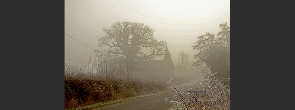 Oast house in the mist, Chiddingstone, Kent